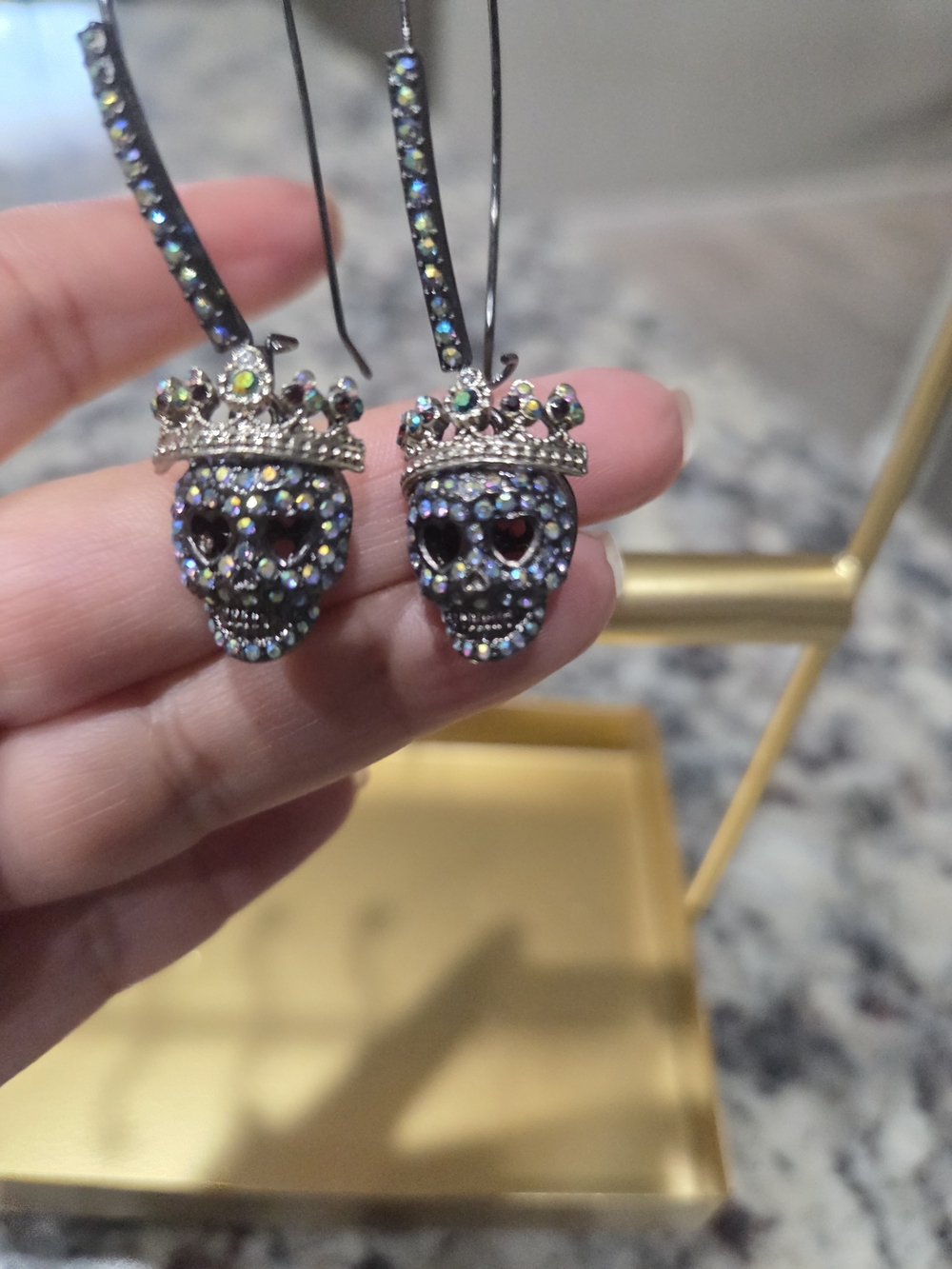 Betsey Johnson Iridescent Crystal Skull Crown Drop Earrings